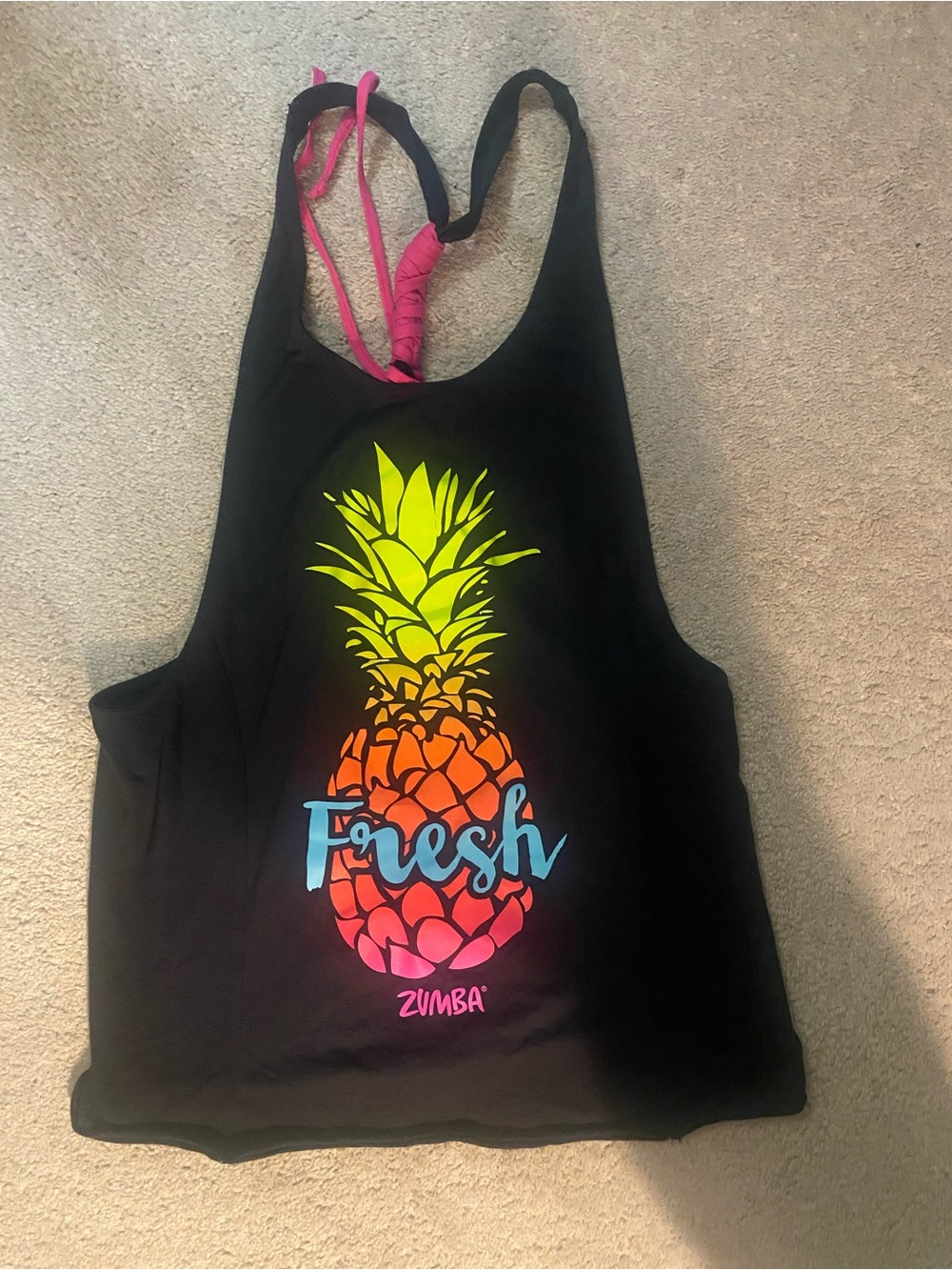 Zumba Fitness Black Tank with Neon Gradient Pineapple and Blue 'Fresh' Script